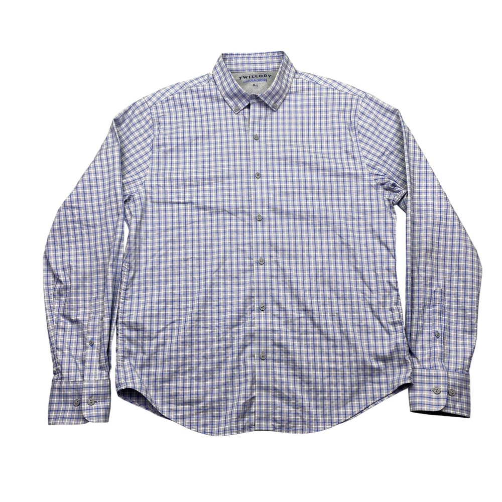 Twillory Untuckable Mens Blue Grey Plaid‎ Performance Shirt M-L Button Down 7956